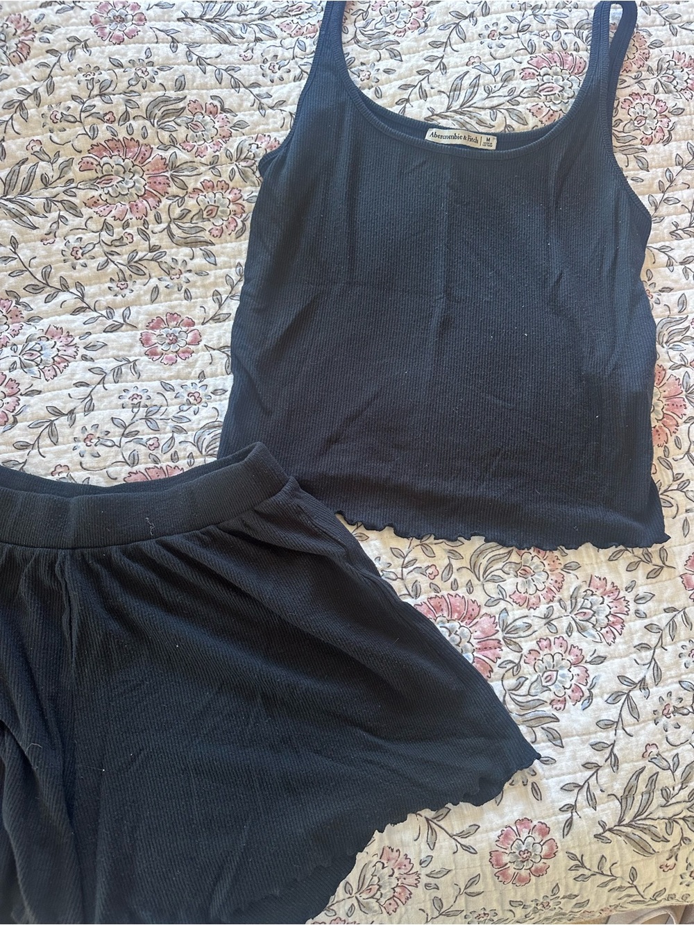 Abercrombie & Fitch Black Ribbed Two-Piece Pajama Set